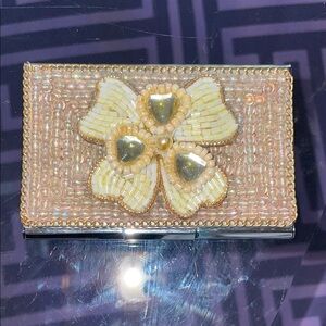 Beaded Floral Key & Card Holder - Cream and Gold